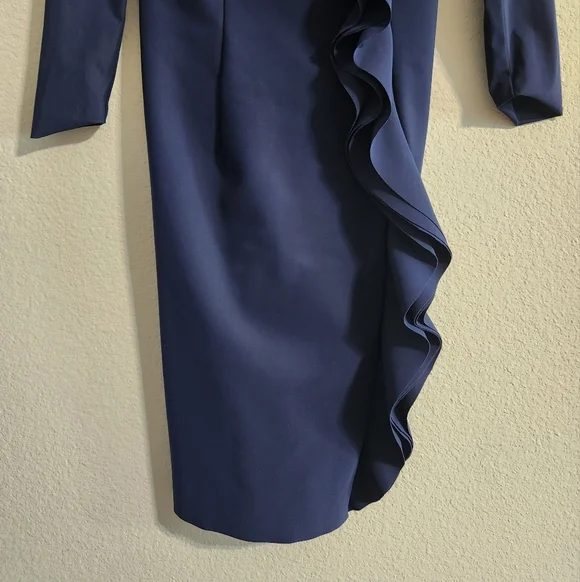 Rickie Freeman for Teri Jon Women’s Side Ruffle Asymmetric Navy Dress size 4